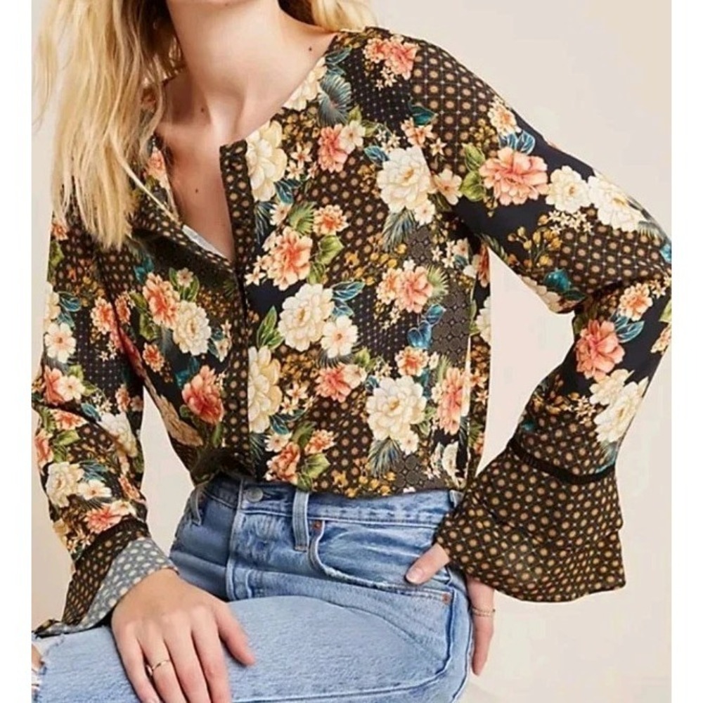 FARM Rio Siobhan Blouse Women's Small Bell Sleeve Floral Boho Cottagecore Fairy